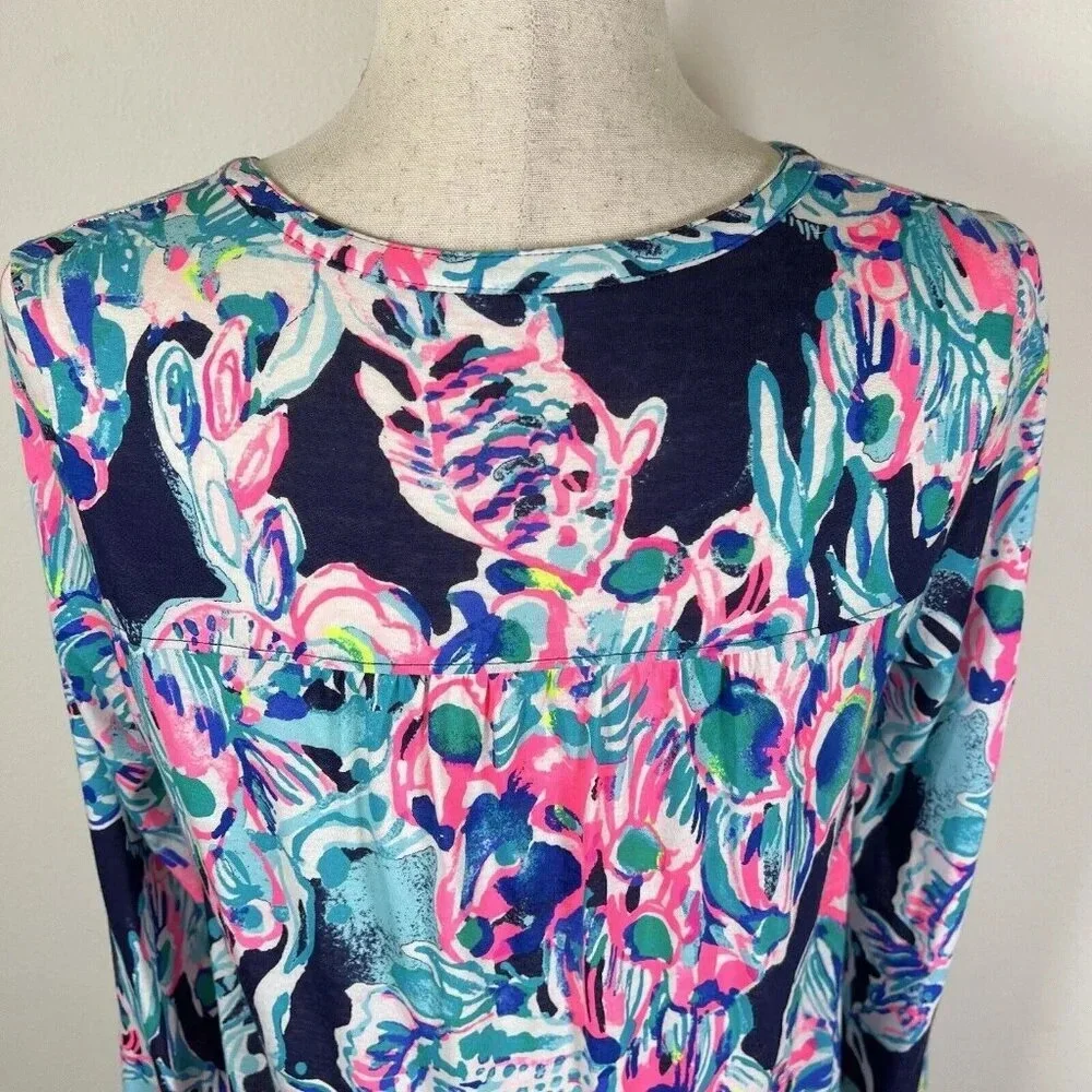 Lilly Pulitzer Top Blouse Size XS Blue Pink Long Sleeve Beach Tropical Fish - Picture 12 of 14